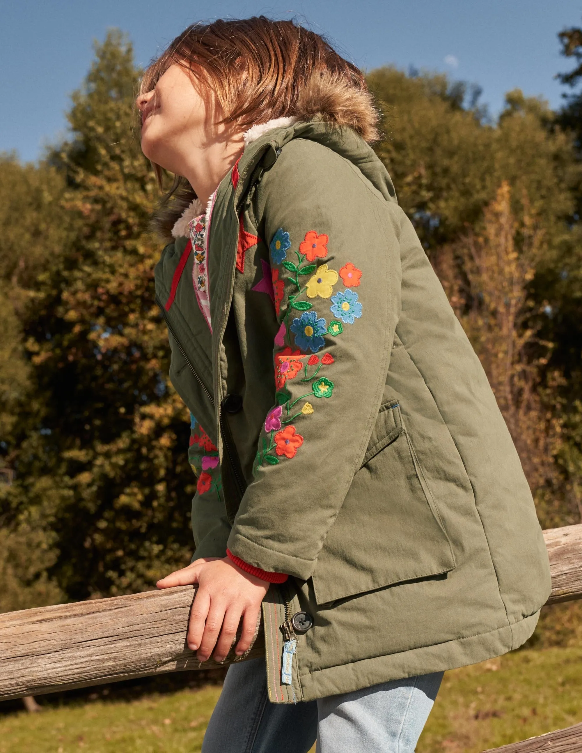 Floral Sleeve Longline Coat-Army Green Floral