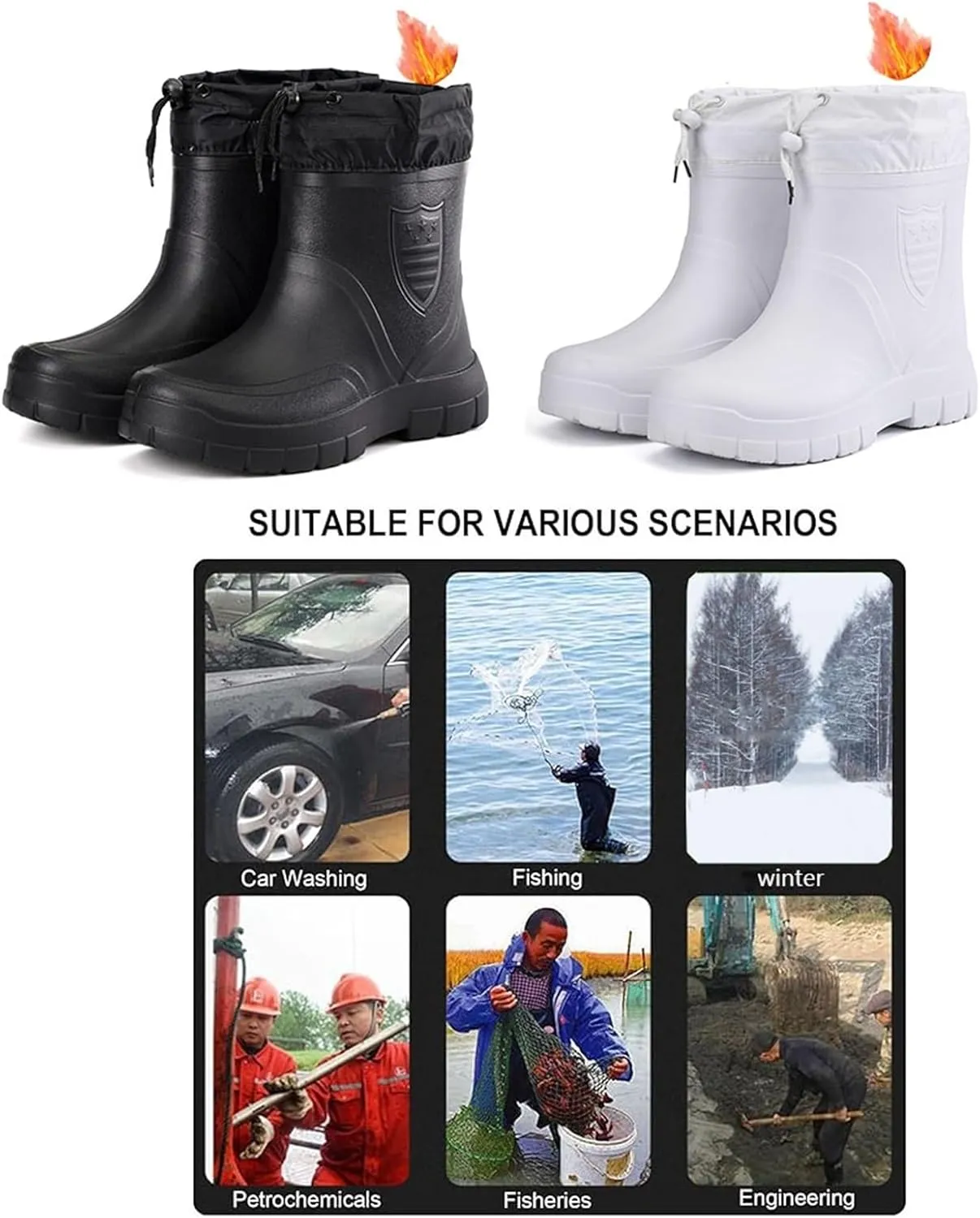 Men's Short Rubber Rain Boots, Winter Warm Durable Wear Resistant and Anti-Skid Waterproof Rain Boots for Men, Fur Interior Rubber Sole Shoes, for Gardening Fishing Boating Camping