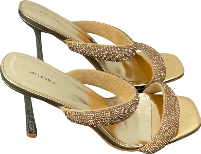 PrettyLittleThing Metallic Dimante Square Toe Padded Strap Heeled Sandals UK 8 EU 41 