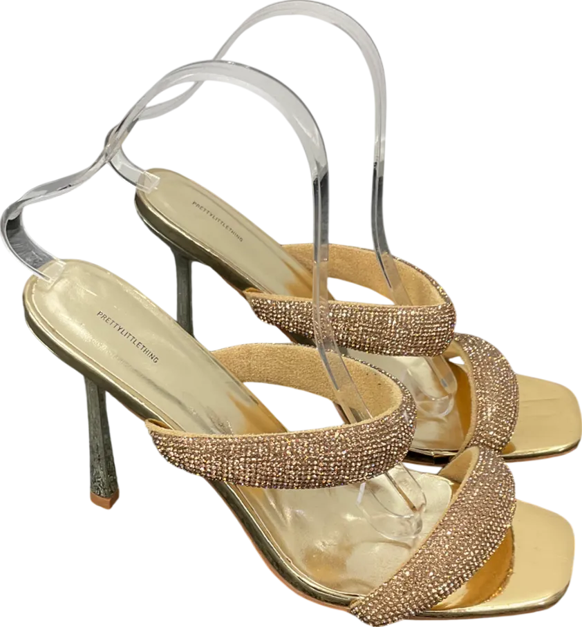 PrettyLittleThing Metallic Dimante Square Toe Padded Strap Heeled Sandals UK 8 EU 41 