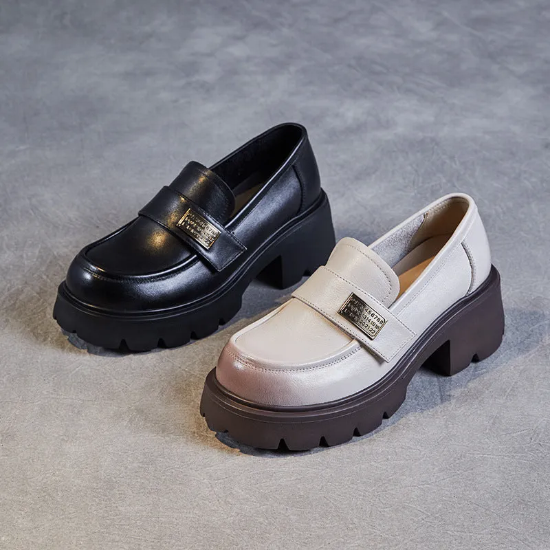 Women Retro Leather Chunky Platform Casual Loafers